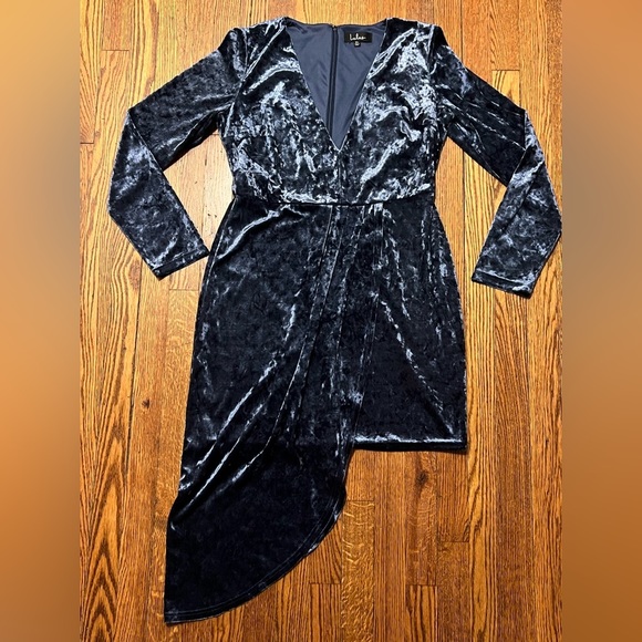 Lulus XL strong ambition slate blue velvet asymmetrical long sleeve dress - Picture 11 of 13
